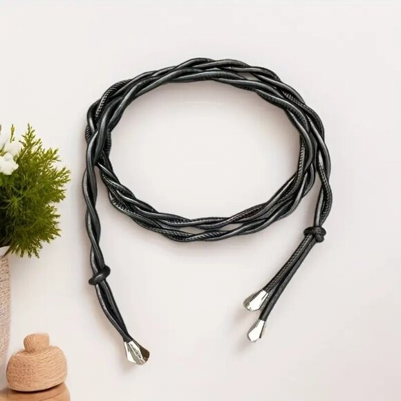 Chic Vegan Glove Tanned Soft Faux Leather Tie Waist Classy Black Rope Belt - Picture 2 of 6